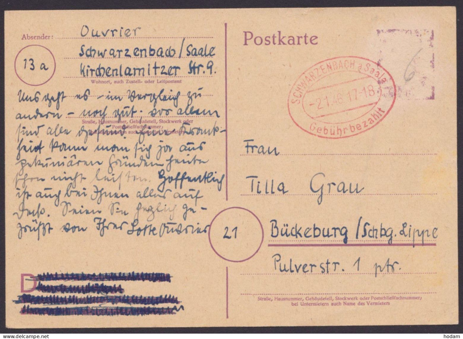 Schwarzenbach: DR P314 II, O, Übermalung, Rotes Oval "Gebühr Bezahlt", Handschr. "6", 2.1.46, Bedarf - Brieven En Documenten