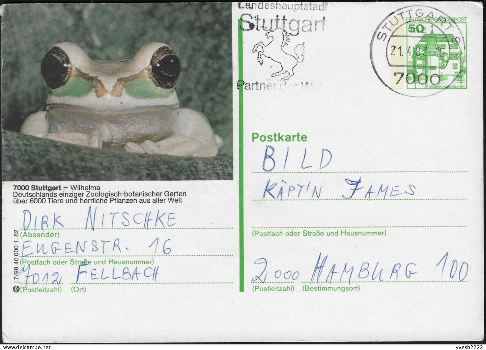 Allemagne 1982. Entier  Postal Touristique. Grenouille Du Parc Zoologique De Stuttgart - Rane