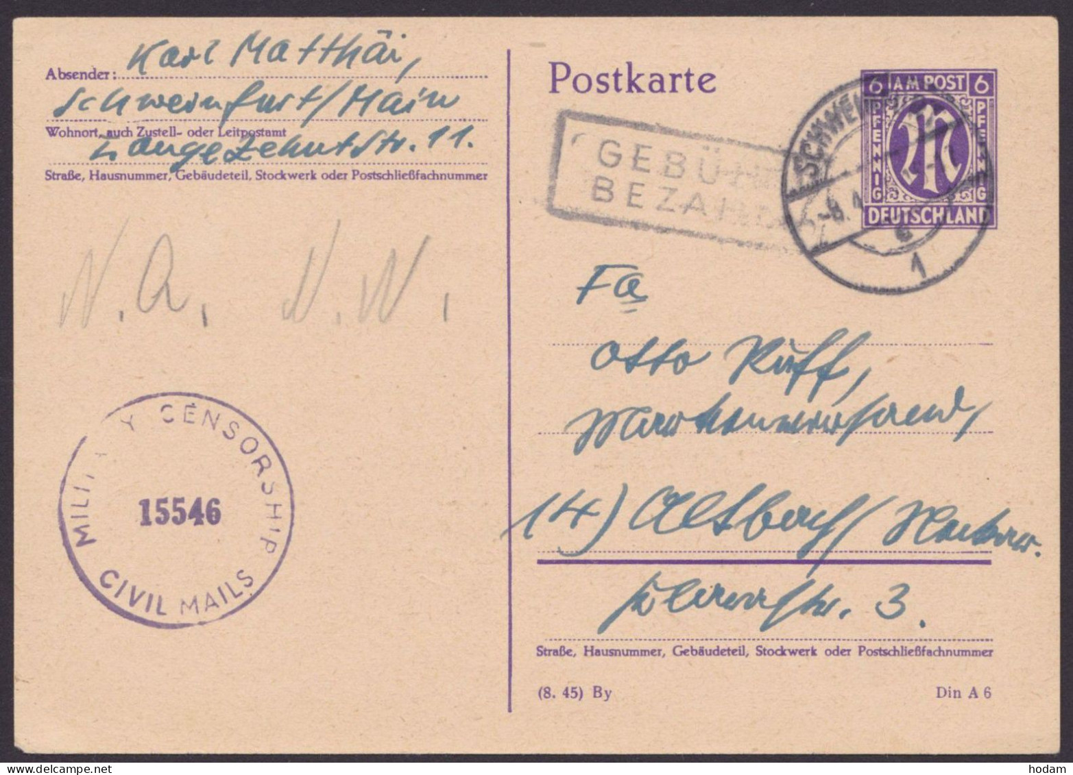 Schweinfurt: P903, O, Bedarf, Ra "Gebühr Bezahlt", 8.4.46, Zensur - Storia Postale