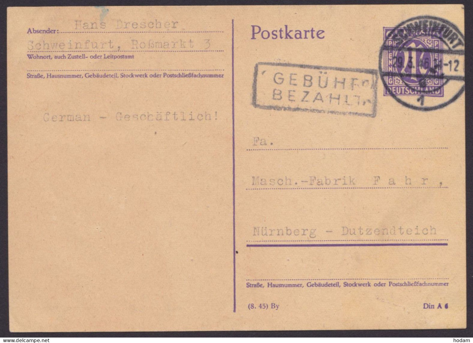 Schweinfurt: P903, O, Bedarf, 29.5.46, Ra "Gebühr Bezahlt" - Lettres & Documents