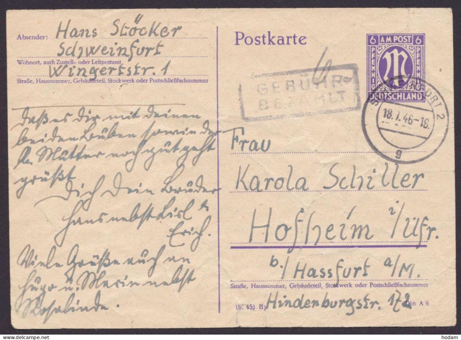 Schweinfurt: P903, O, Knittrige Bedarfskarte Mir Ra "Gebühr Bezahlt", 18.7.46, Ansehen - Storia Postale