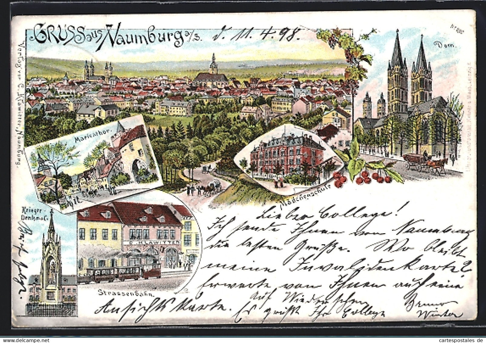 Lithographie Naumburg A. S., Mädchenschule, Dom, Marienthor Und Strassenbahn  - Naumburg (Saale)