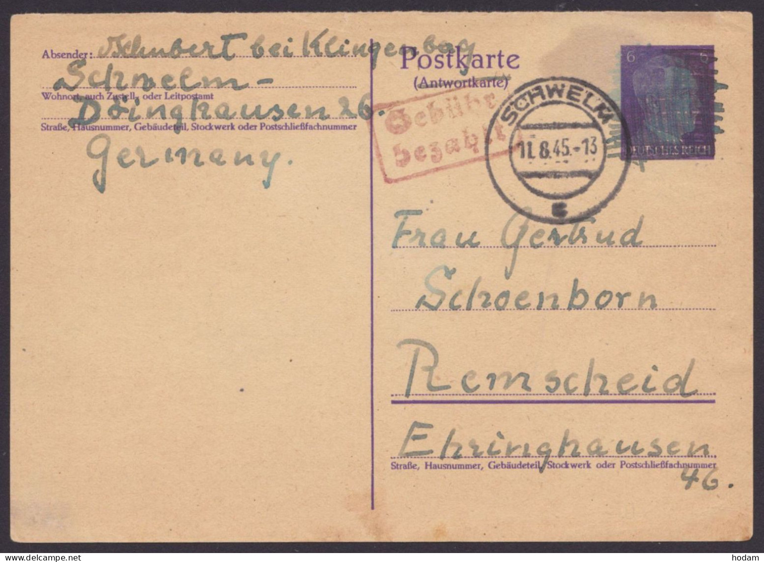 Schwelm: DR P302 A, O, Bedarf, Übermalung, Ra "Gebühr Bezahlt", 11.8.45 - Lettres & Documents