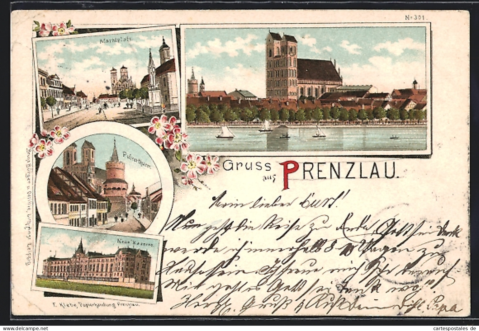 Lithographie Prenzlau, Neue Kaserne, Pulverthurm Und Marktplatz  - Prenzlau