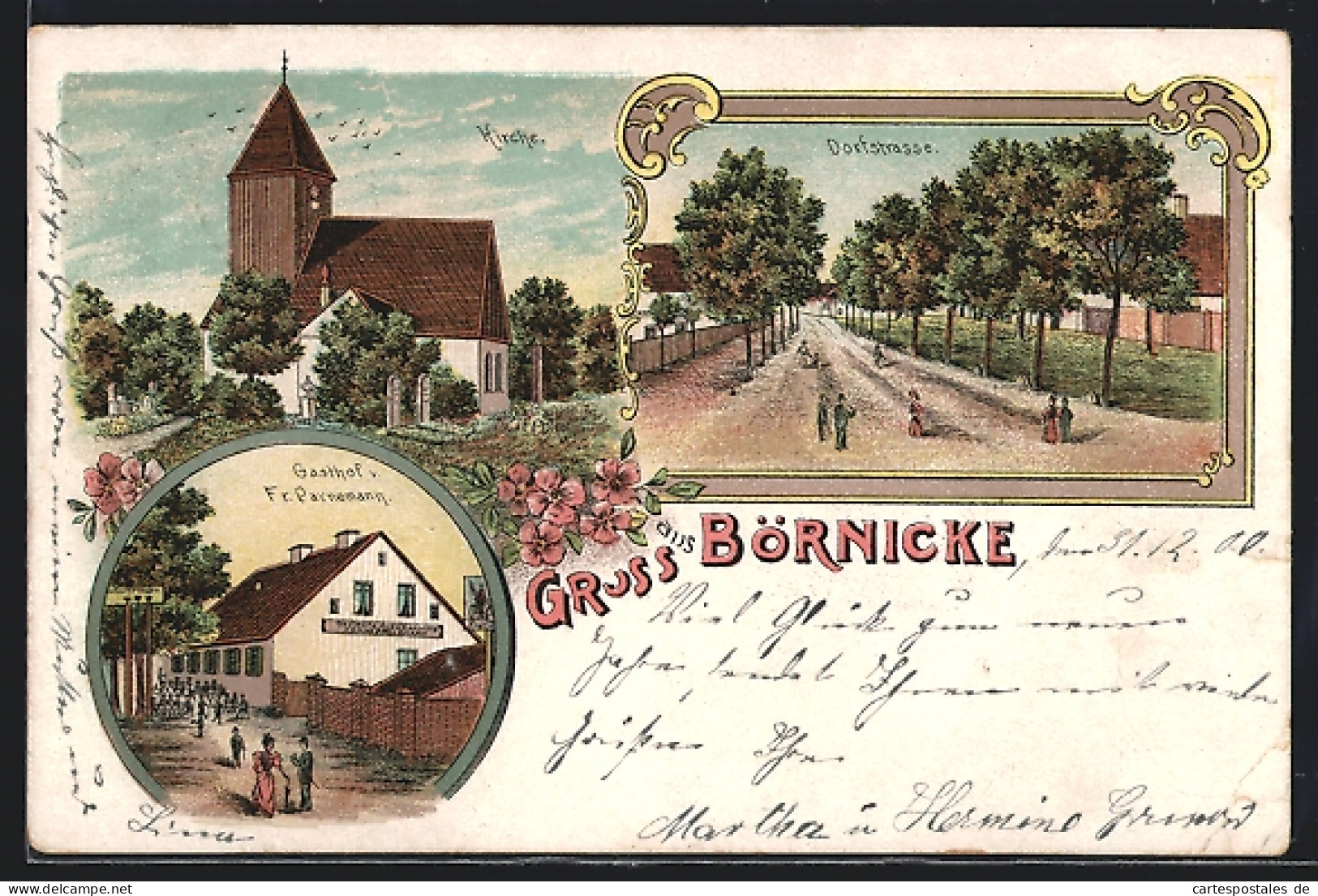 Lithographie Börnicke, Gasthof V. Fr. Parnemann, Blick In Die Dorfstrasse, Kirche  - Other & Unclassified