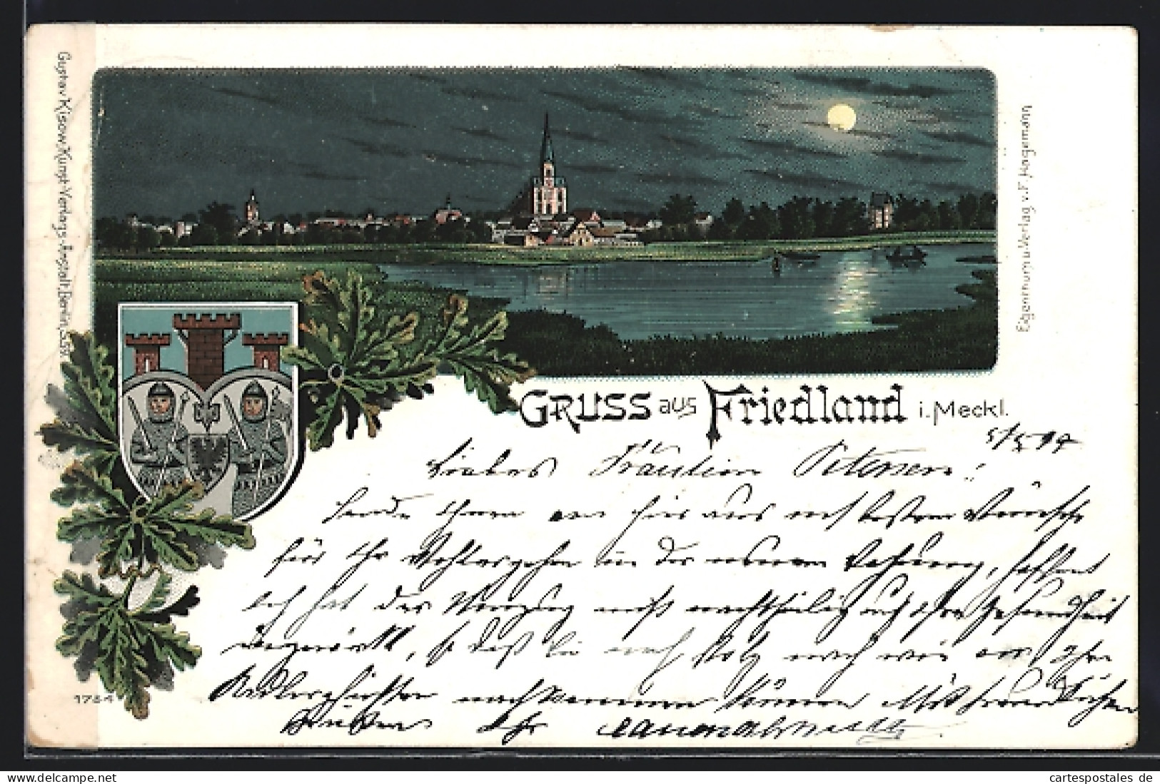 Mondschein-Lithographie Friedland I. Meckl., Ortsansicht Mit Kirche Vom Wasser Aus  - Autres & Non Classés