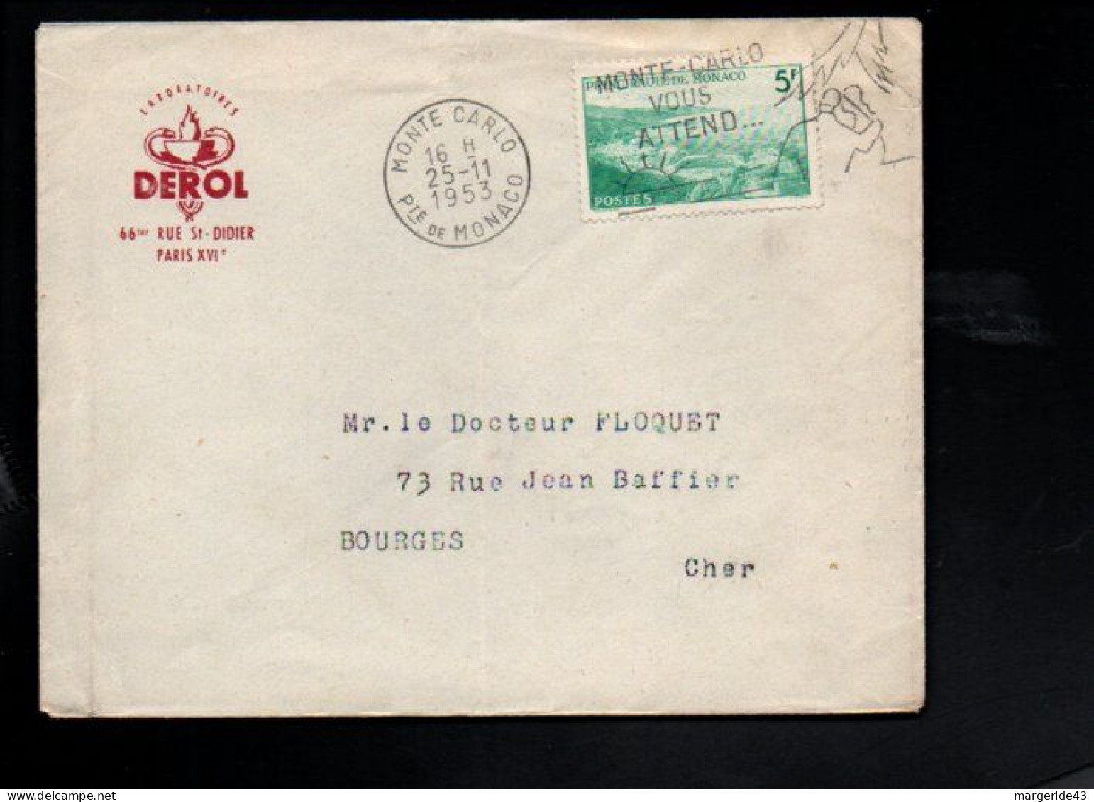 MONACO SEUL SUR LETTRE POUR LA FRANCE 1953 - Briefe U. Dokumente