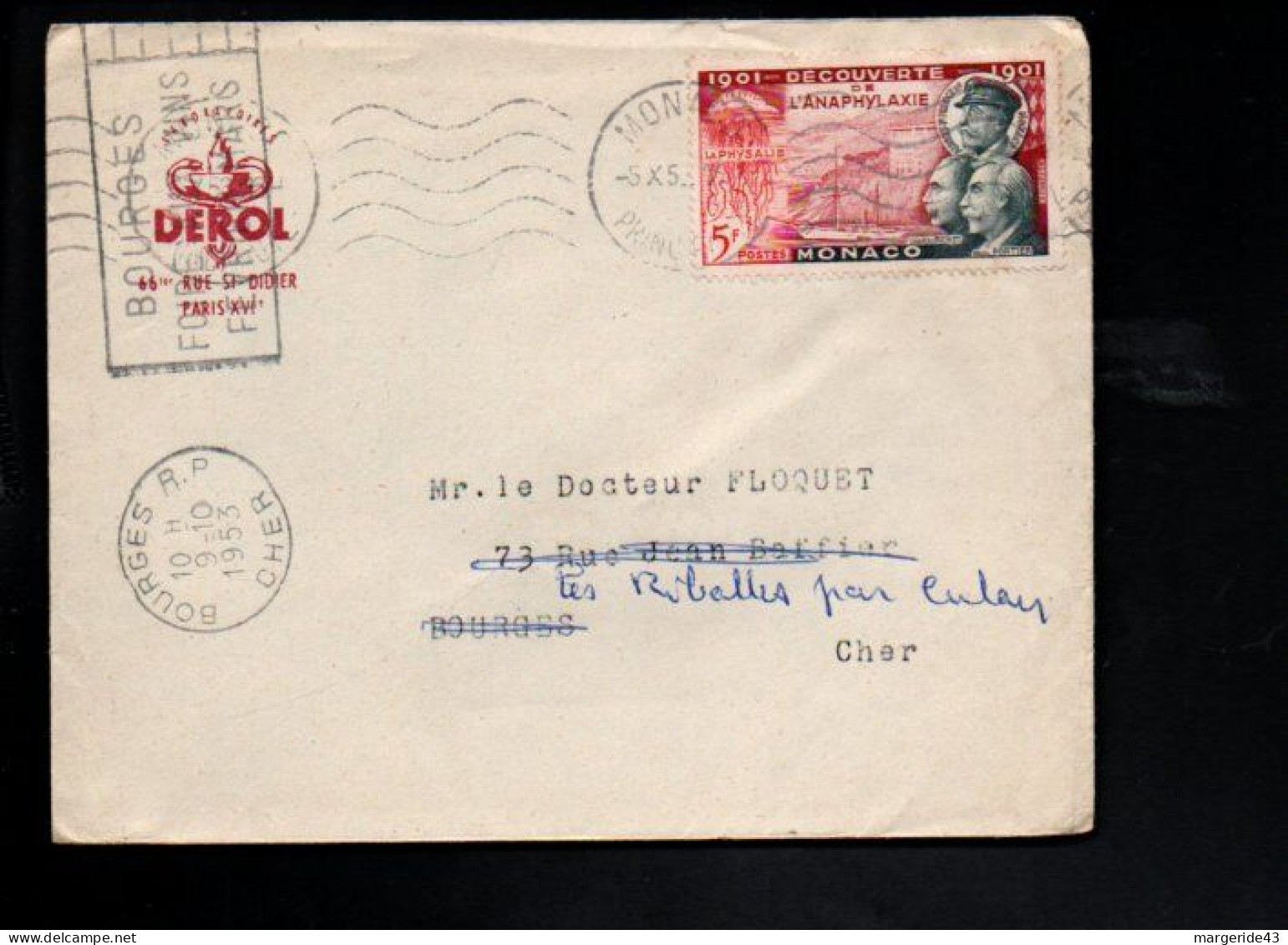 MONACO SEUL SUR LETTRE POUR LA FRANCE 1953 - Storia Postale