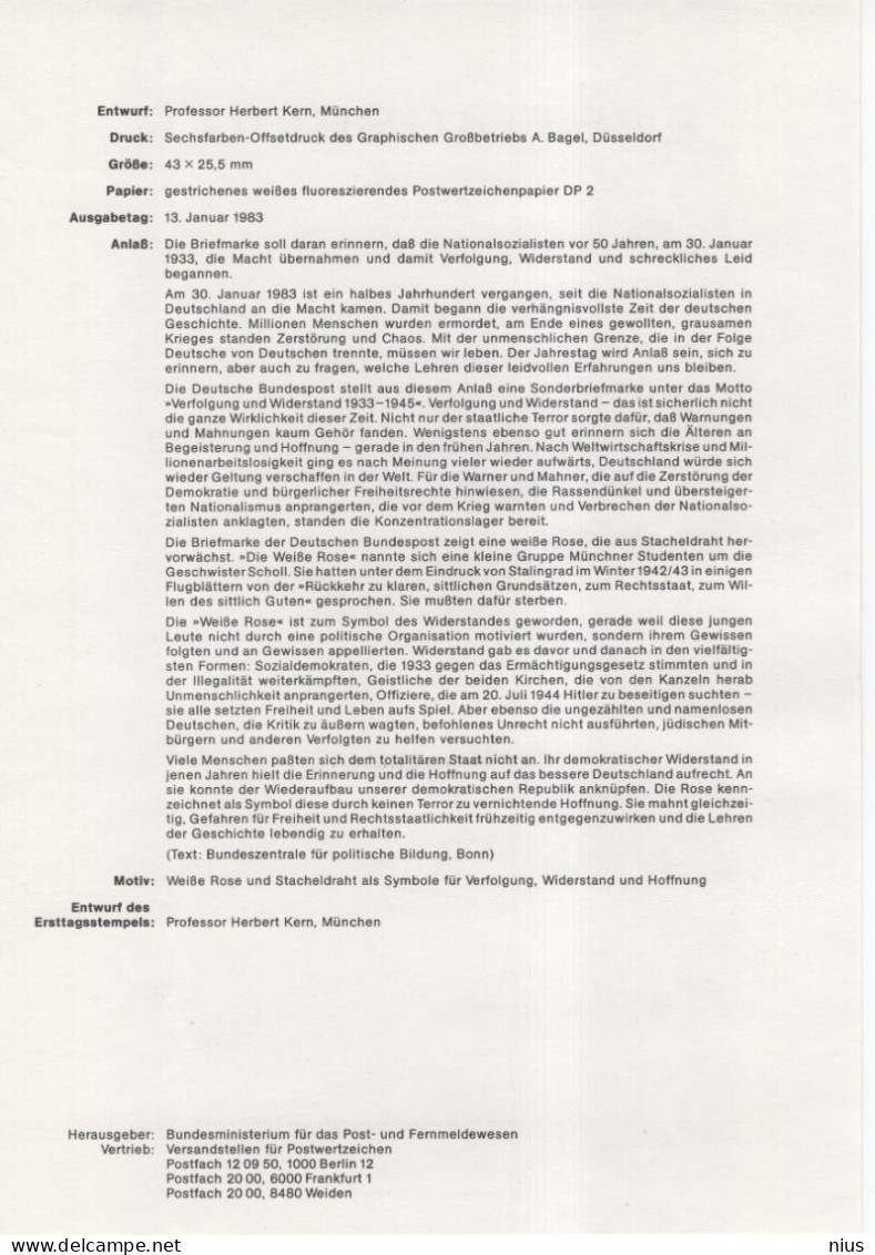 Germany Deutschland 1983-2 Verfolgung Und Widerstand Persecution & Resistance Weissen Rose White Rose, Bonn - 1981-1990