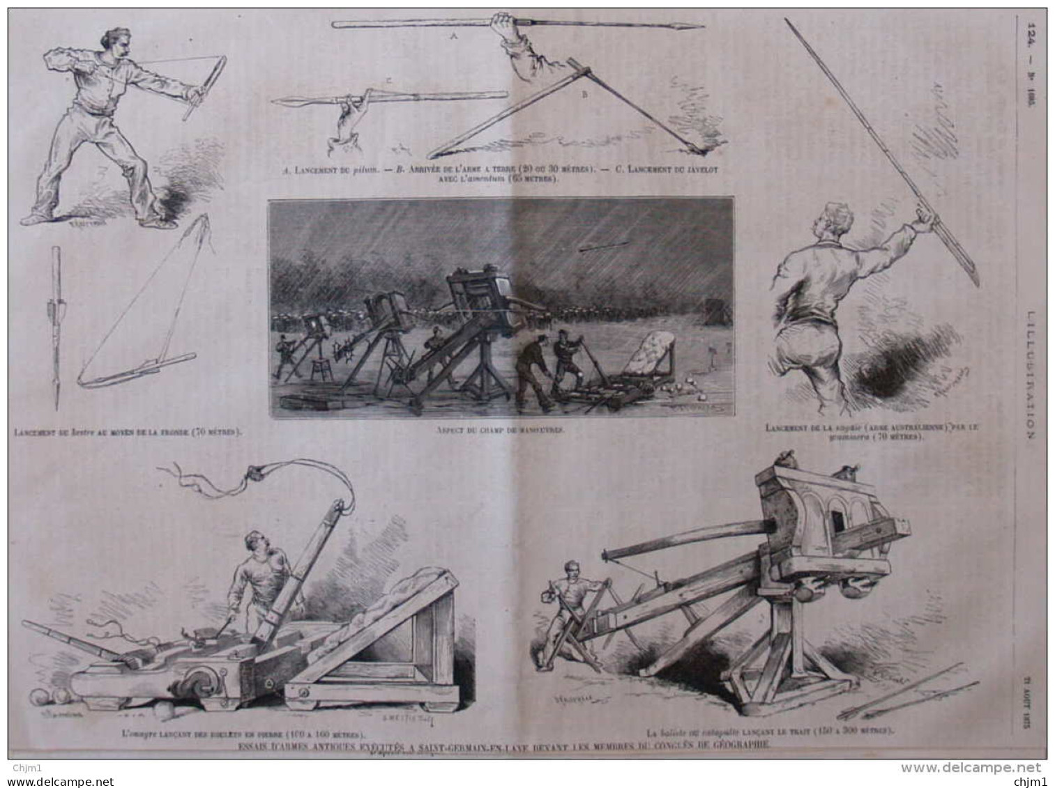 Essais D'armes Antiques Exécutés à Saint-Germain-en-Laye - Lancement Du Kestre - Page Original - 1875 - Documents Historiques