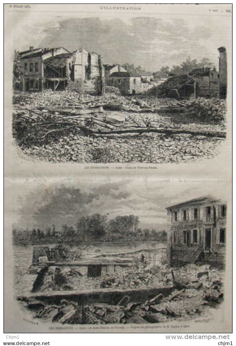 Les Inondations - Agen - Les Bains Dallas Au Gravier - Cours Du Pont-de-Pierre - Page Original 1875 - 3 - Documents Historiques