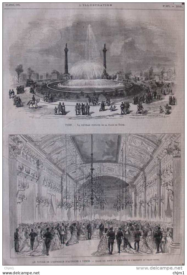 Le Voyage De L'empéreur D'Autriche à Venise - Paris, La Nouvelle Fontaine De La Place Du Trône - Page Original 1875 - Documentos Históricos