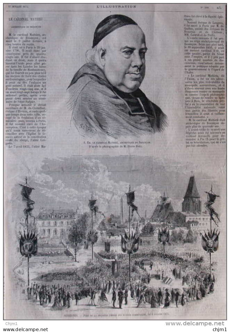 S. Em. Le Cardinal Mathieu, Archeveque De Besancon - Suresnes, Pose De La Première Pierre Des Ecoles- Page Original 1875 - Documentos Históricos