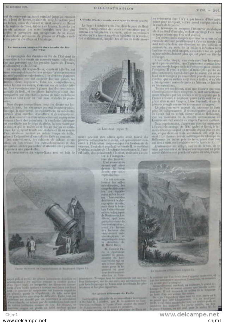 Grand Télescope De L'observatoire De Melbourne - Le Télescope D'Herschell - Page Original 1875 - Documents Historiques