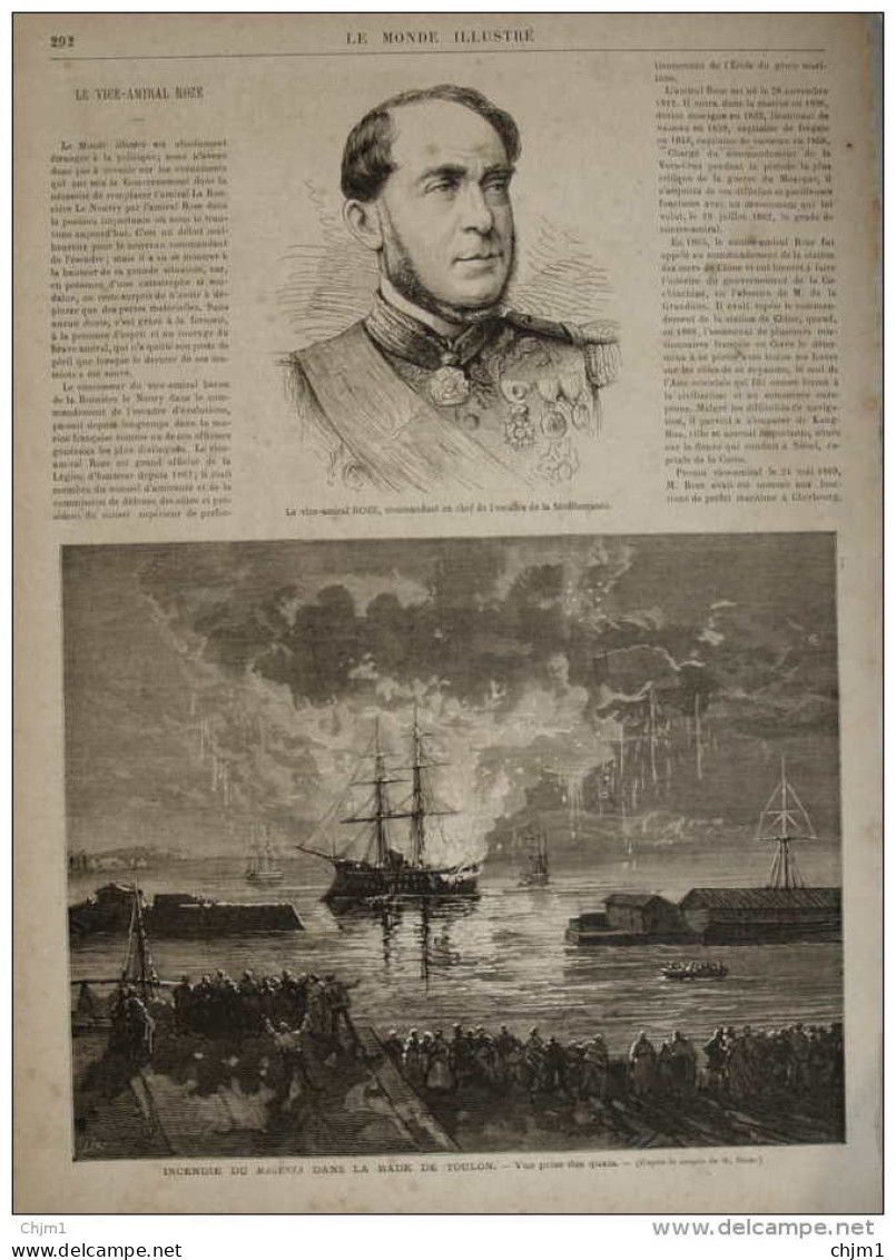 Incendie Du MAGENTA Dans La Rade De Toulon -  Le Vize-amiral Roze - Page Original 1875 - Documenti Storici