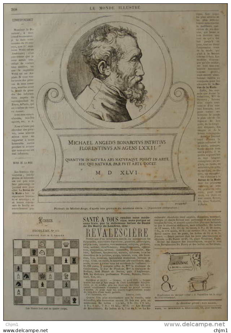 Portrait De Michel-Ange D'après Une Gravure - Michelangelo - Page Original 1875 - Documents Historiques