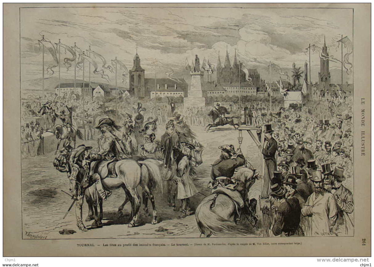 Tournai - Les Fêtes Au Profit Des Inondés Francais - Le Tournoi - Page Original 1875 - Documenti Storici