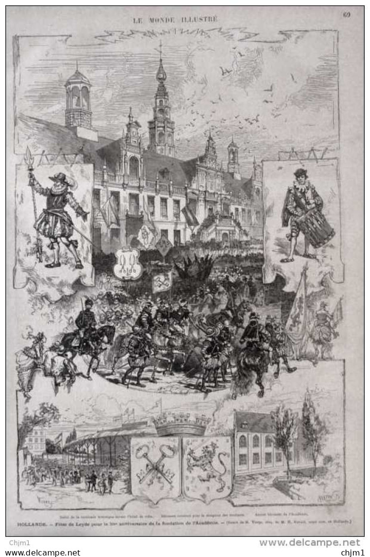 Hollande, Fêtes De Leyde Pour La 300e Anniversaire De La Fondation De L'Académie - Page Original 1875 - Documents Historiques