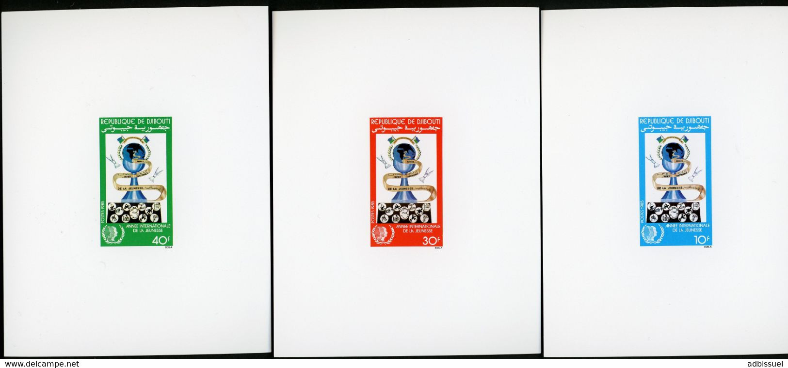 DJIBOUTI 3 Epreuves De Luxe Sur Papier Glacé N° 600 Et 602 Année Internationale De La Jeunesse Série Complète 1985 - Gibuti (1977-...)