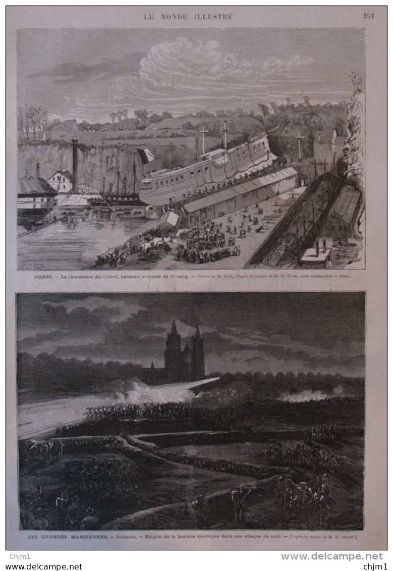 Brest, Le Lancement Du COLBERT - Les Grandes Manoeuvres, Soissons, Emlpoi De La Lumière électrique - Page Original 1875 - Historical Documents