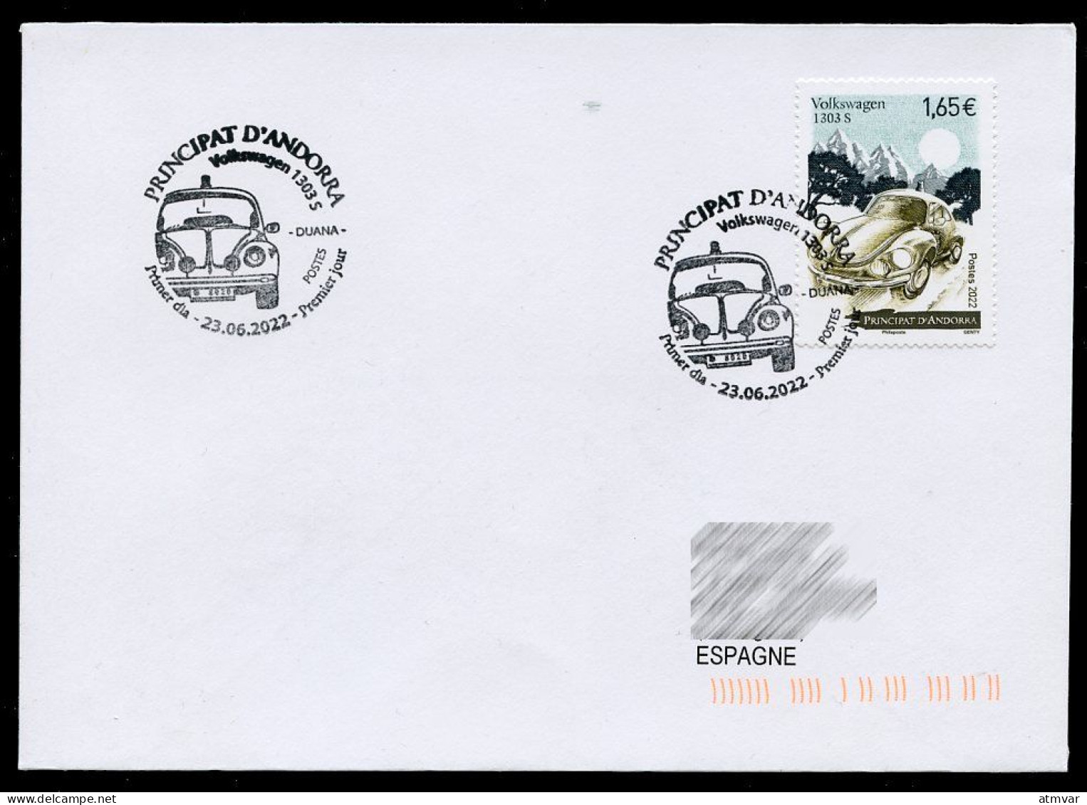 ANDORRA ANDORRE (2022) Volkswagen 1303 S Beetle, Coccinelle, Escarabajo, Käfer, Voiture Car - Premier Jour FDC To Spain - FDC