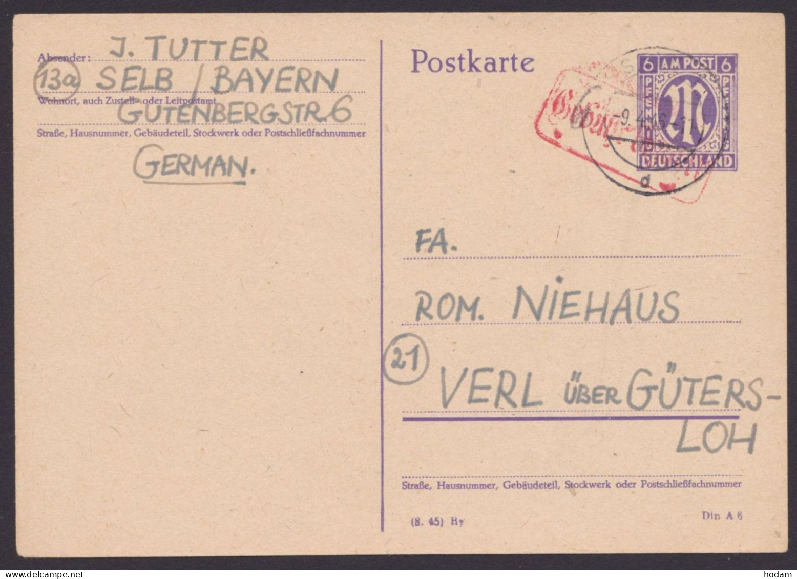 Selb: P903, O, Bedarf, Ra "Gebühr Bezahlt", 9.4.46 - Storia Postale