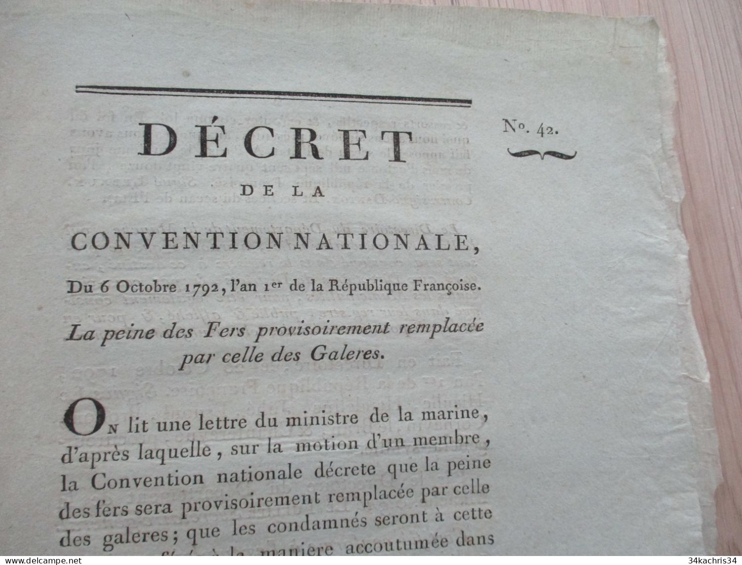 1792 Décret Convention Nationale La Peine Des Fers Remplacée Par Celle Des Galères Autographes Personnalités Coutances - Gesetze & Erlasse