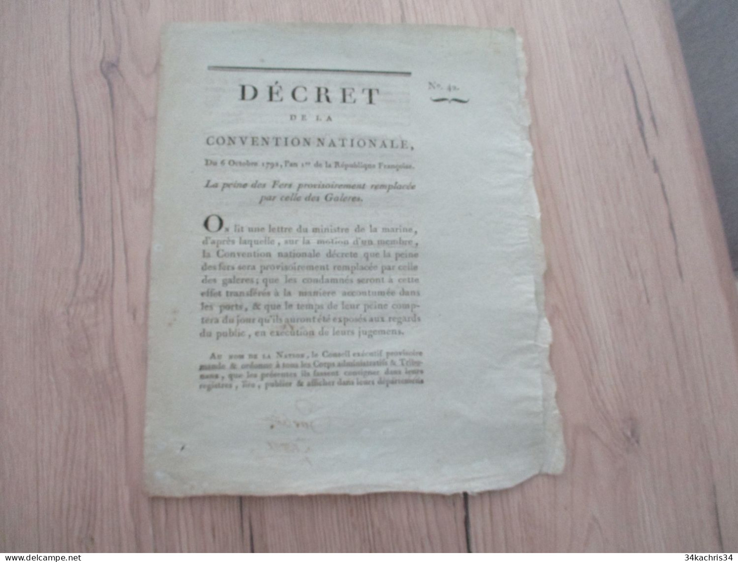 1792 Décret Convention Nationale La Peine Des Fers Remplacée Par Celle Des Galères Autographes Personnalités Coutances - Decreti & Leggi