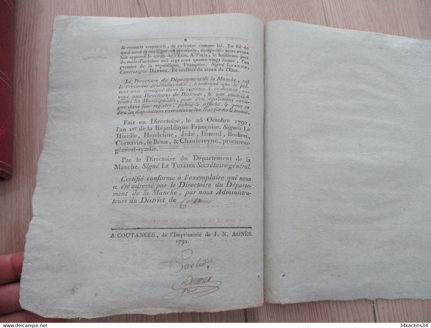 1792 Décret Convention Nationale La Peine Des Fers Remplacée Par Celle Des Galères Autographes Personnalités Coutances - Décrets & Lois