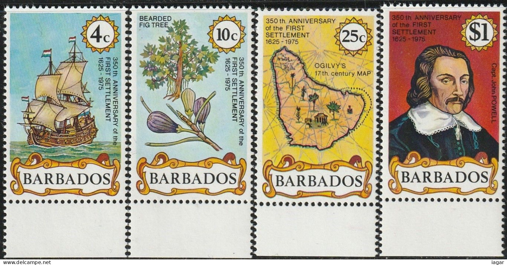 THEMATIC CULTURE:  350th ANNIV. OF FIRST SETTLEMENT. 17th CENTURY SAILING SHIP, TREE AND FRUIT, OGILVY'S MAP  - BARBADOS - Otros & Sin Clasificación