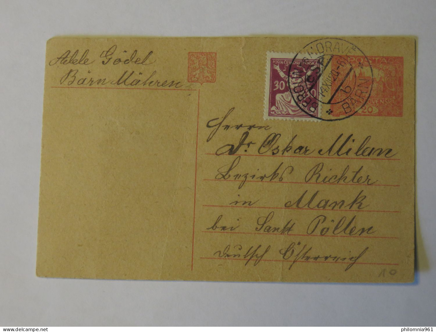 CZECHOSLOVAKIA STARE MESTO NA SEV. MORAVE POSTAL CARD TO AUSTRIA 1920 - Altri & Non Classificati