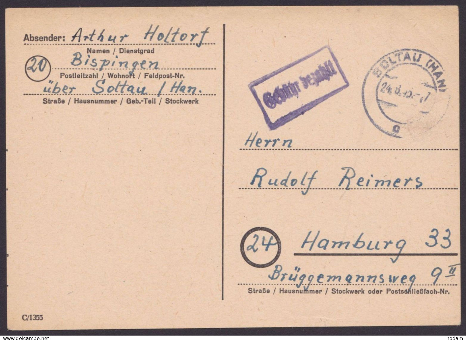 Soltau: Bedarfskarte, O, Ra "Gebühr Bezahlt", 24.8.45 - Lettres & Documents