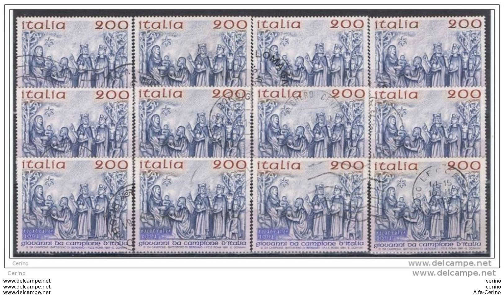 REPUBBLICA:  1981  NATALE  -  £. 200  AZZURRO, BRUNO  E  OLTREMARE  US. -  RIPETUTO  12  VOLTE  -  SASS. 1580 - Christmas