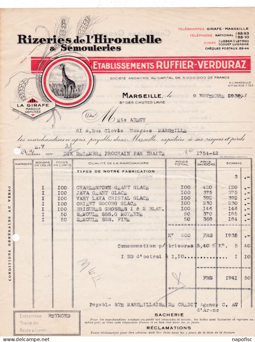 13-Ruffier-Verduraz...Rizeries De L'Hirondelle & Semouleries..Marseille....(Bouches-du-Rhône)....1938 - Alimentare