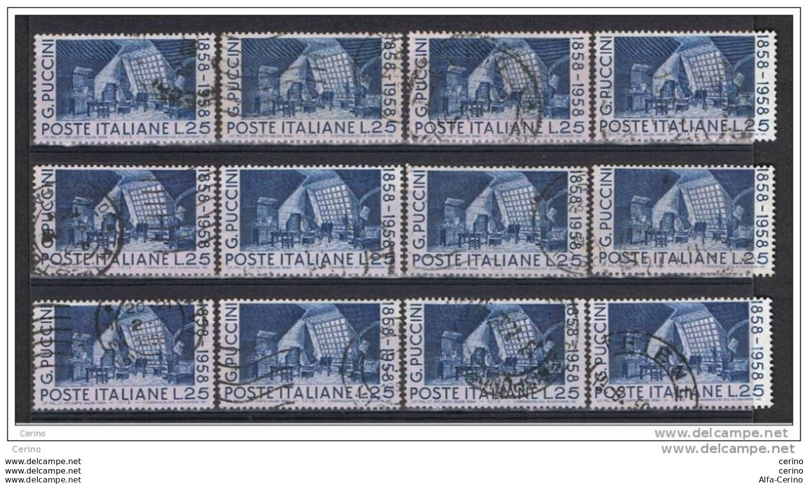 REPUBBLICA:  1958  PUCCINI -  £. 25  AZZURRO  GRIGIO  US. -  RIPETUTO  12  VOLTE  -  SASS. 833 - Muziek