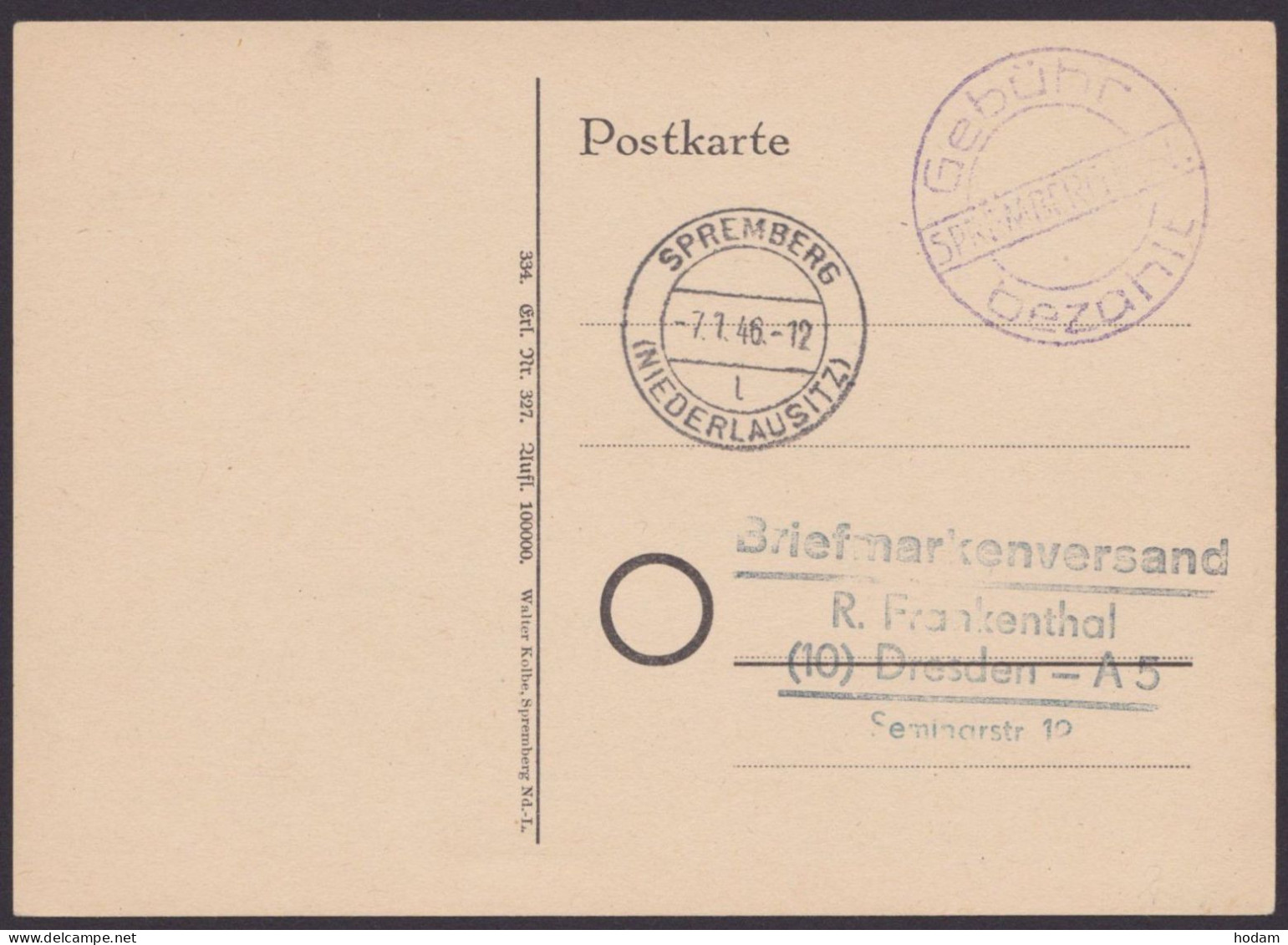 Spremberg: Karte, O, Mit Großem K2 "Gebühr Bezahlt", 7.1.46, Kein Text - Storia Postale