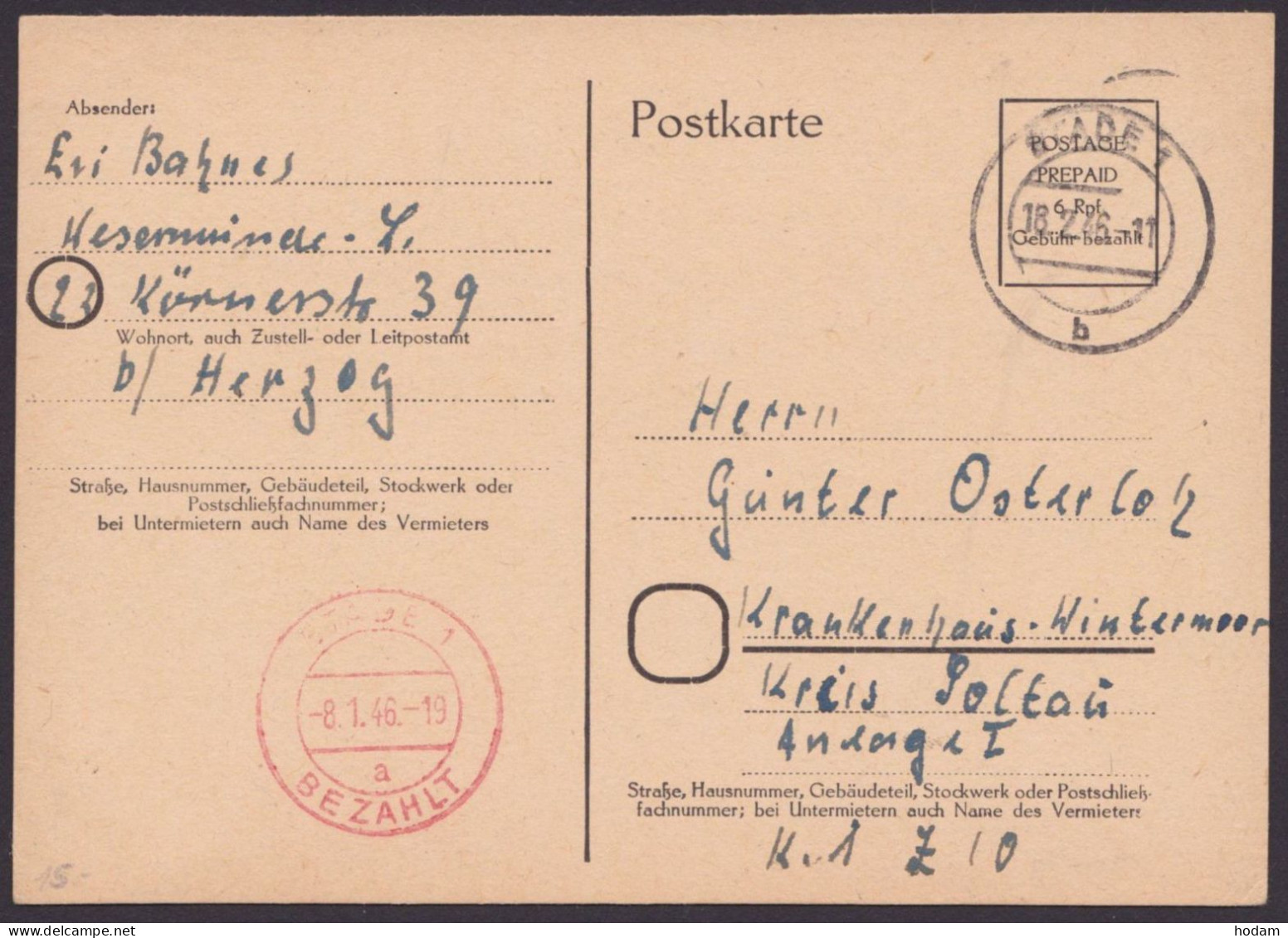 Stade: P709, O, Bedarf, Roter K2 "bezahlt", 18.2.46 - Lettres & Documents