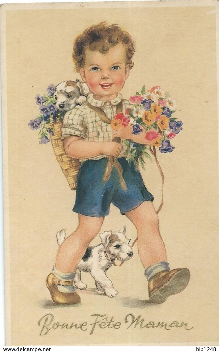 Bonne Fete Maman Enfant Aux Fleurs Et Au Chien Dessin Aquarelle - Andere & Zonder Classificatie