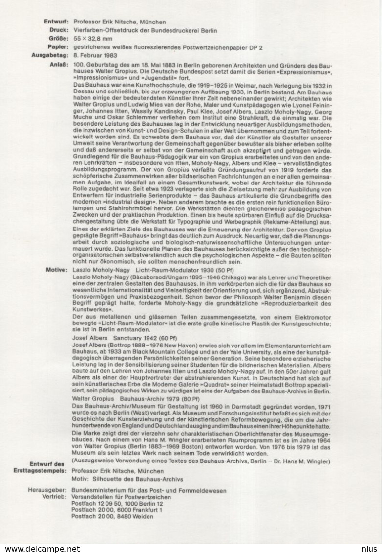 Germany Deutschland 1983-3 Bauhaus, Laszlo Moholy-Nagy, Josef Albers, Walter Gropius, Art Kunst, Canceled In Bonn - 1981-1990