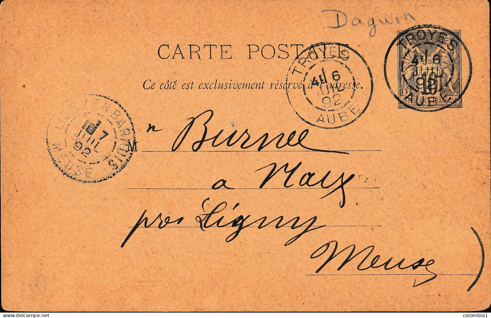 FRANCE ENTIER POSTAL Type Sage 10c  Troyes Le 6 Juillet 1892 - 1898-1900 Sage (Tipo III)