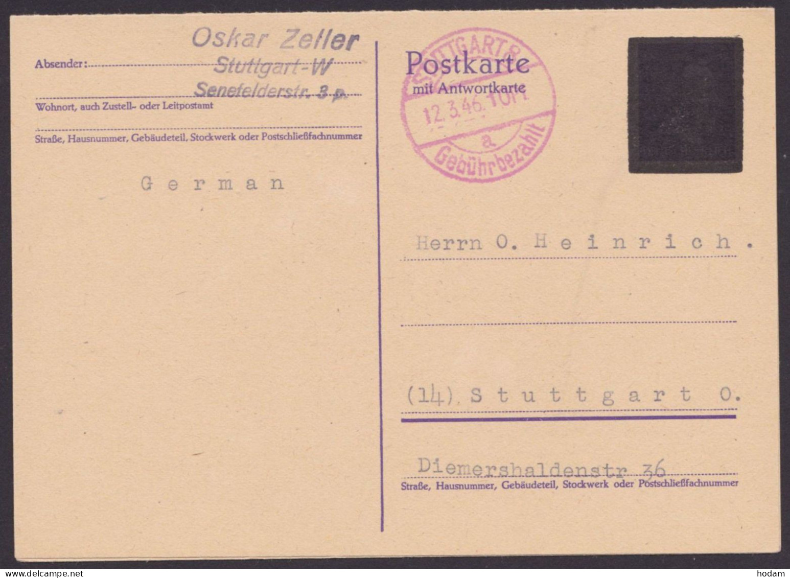 Stuttgart: DR P302, O, überdruckte Doppelkarte, Roter K2 "Gebühr Bezahlt, 10 Pfg", 12.3.46, Kein Text - Storia Postale