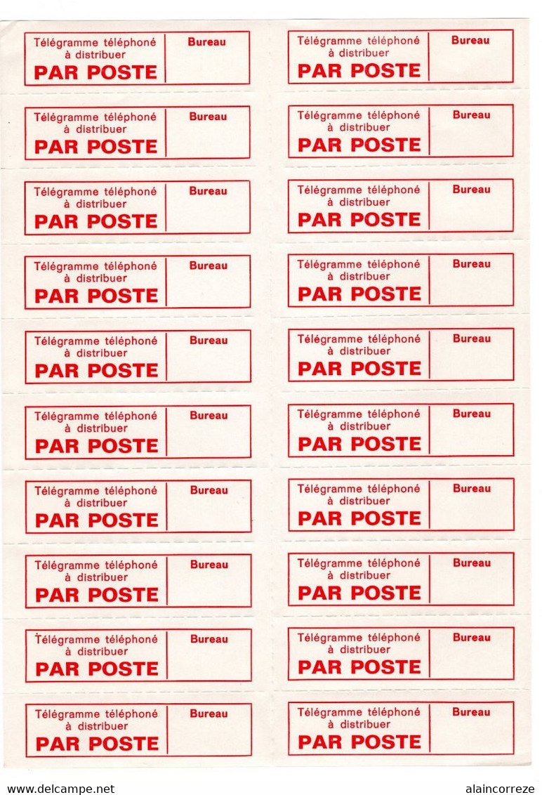 Document Interne La Poste Etiquette Télégramme Téléphoné à Distribuer PAR POSTE. Planche Complète De 20 étiquettes - Documents Of Postal Services