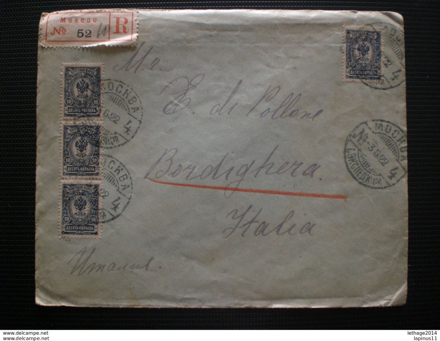 RUSSIA RUSSIE РОССИЯ STAMPS COVER 1922 REGISTER MAIL RUSSIE TO ITALY RRR RIF.TAGG. (78) - Storia Postale