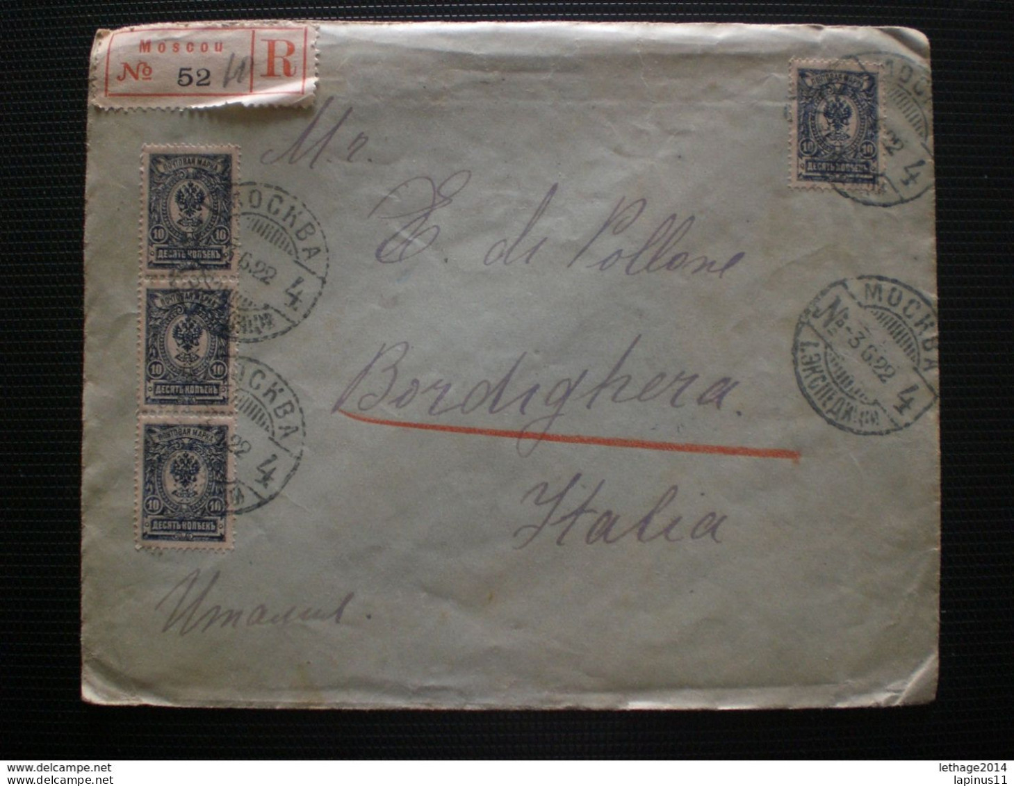 RUSSIA RUSSIE РОССИЯ STAMPS COVER 1922 REGISTER MAIL RUSSIE TO ITALY RRR RIF.TAGG. (78) - Brieven En Documenten