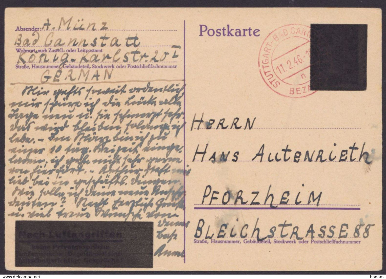 Stuttgart: DR P312/06, O, Bedarf, Roter K2 "bezahlt", 11.2.46, Seltene Karte! - Storia Postale