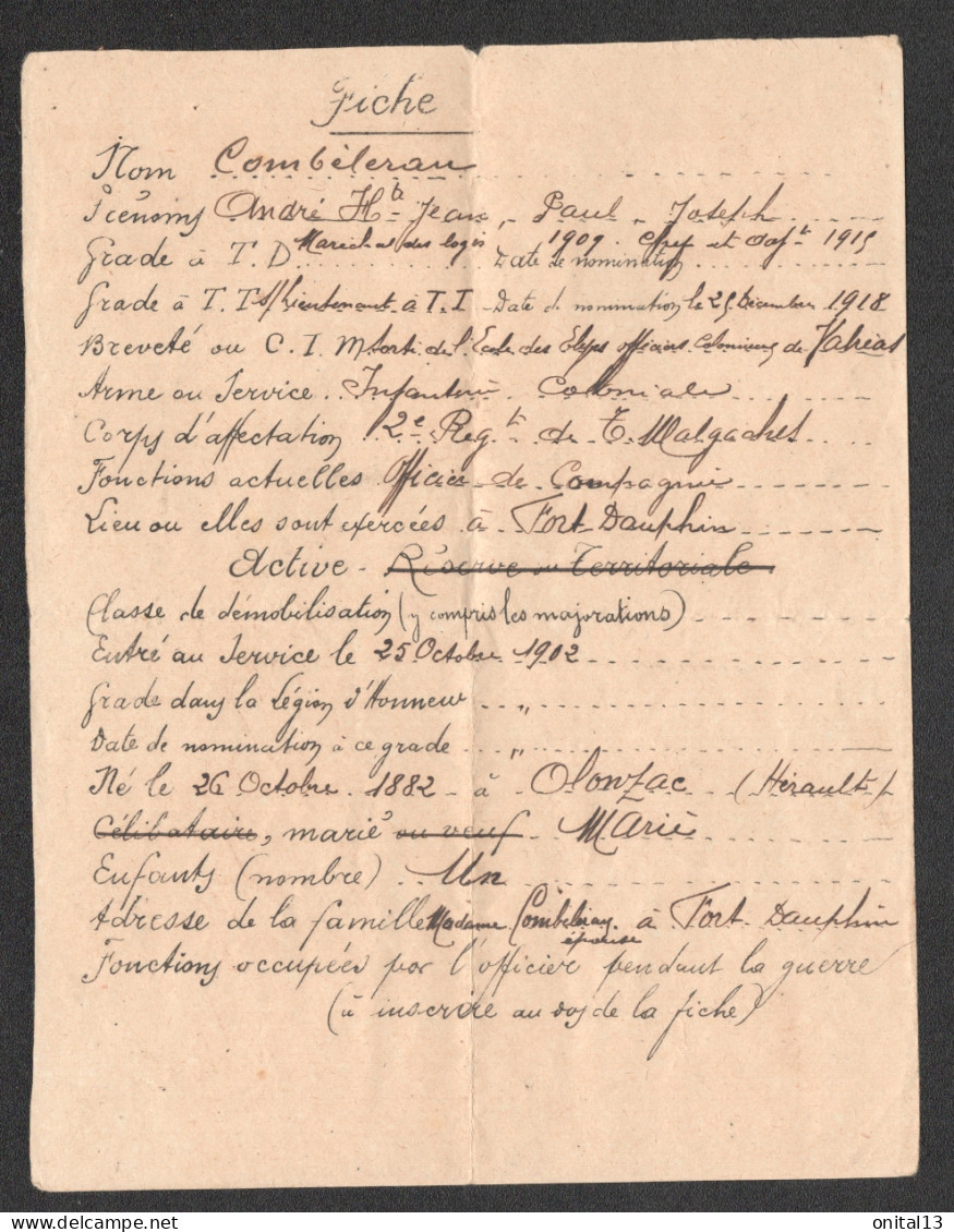 1919 FICHE D'UN MILITAIRE DU 2EME REGIMENT DE TIRAILLEURS MALGACHES DE FORT DAUPHIN / MADAGASCAR F177 - Documents