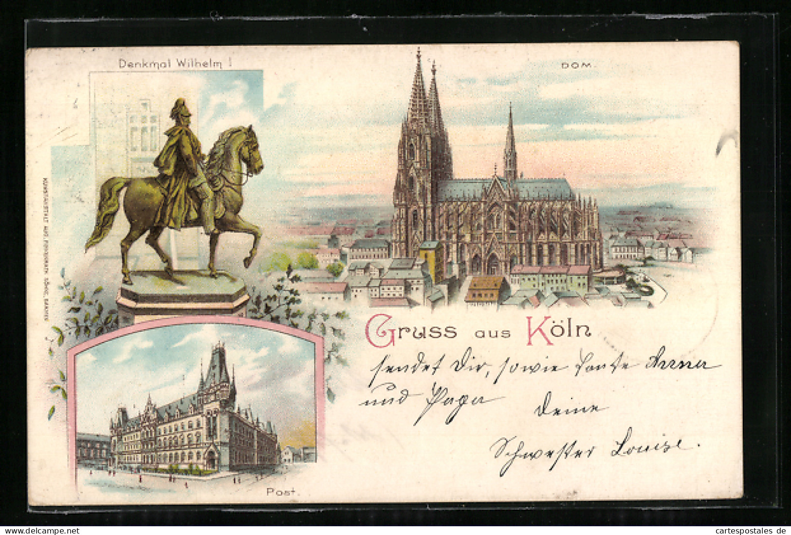 Lithographie Köln, Dom Aus Der Vogelschau, Partie An Der Post  - Koeln