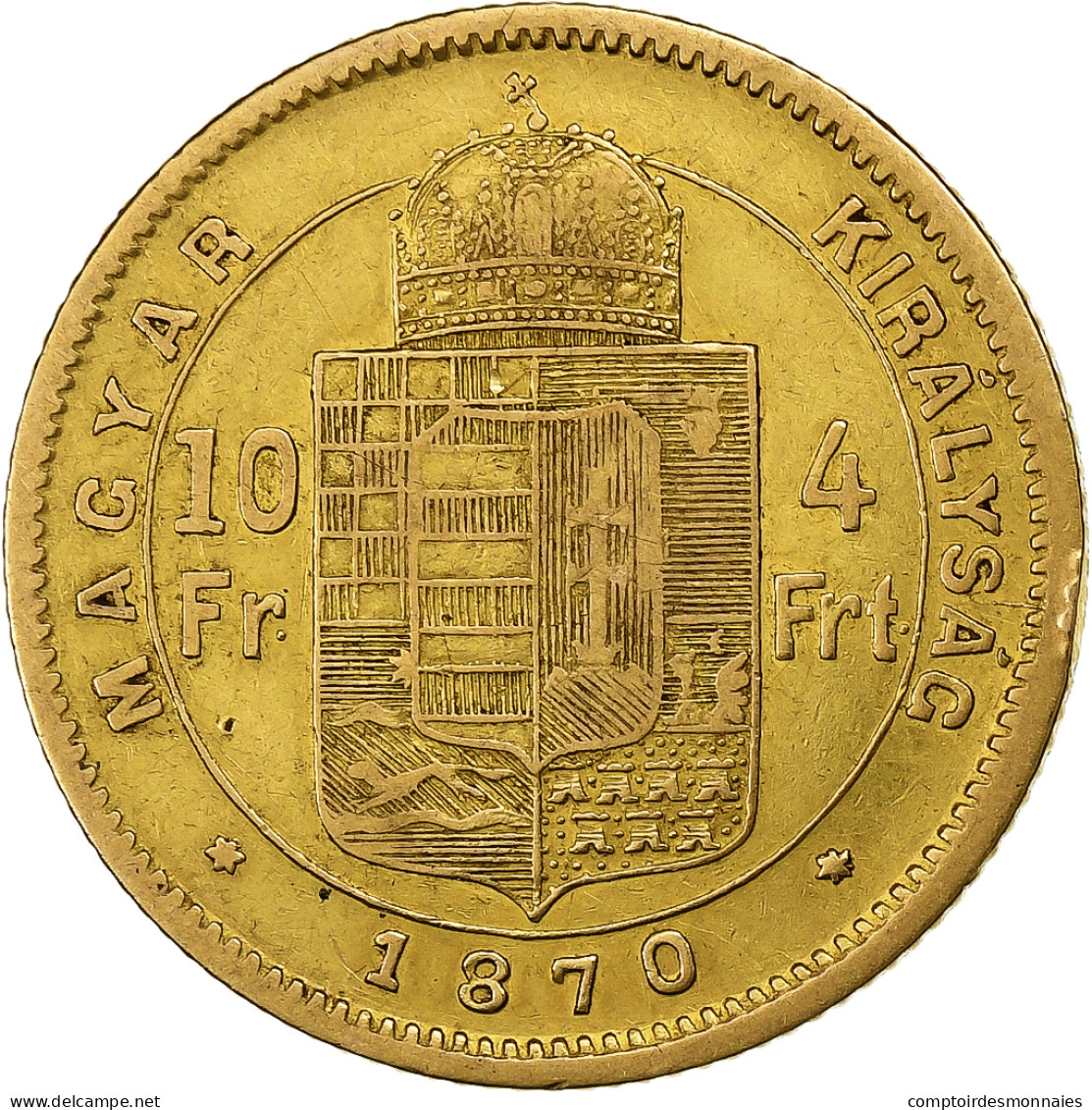 Hongrie, Franz Joseph I, 4 Forint 10 Francs, 1870, Kormoczbanya, Or, TTB - Ungarn