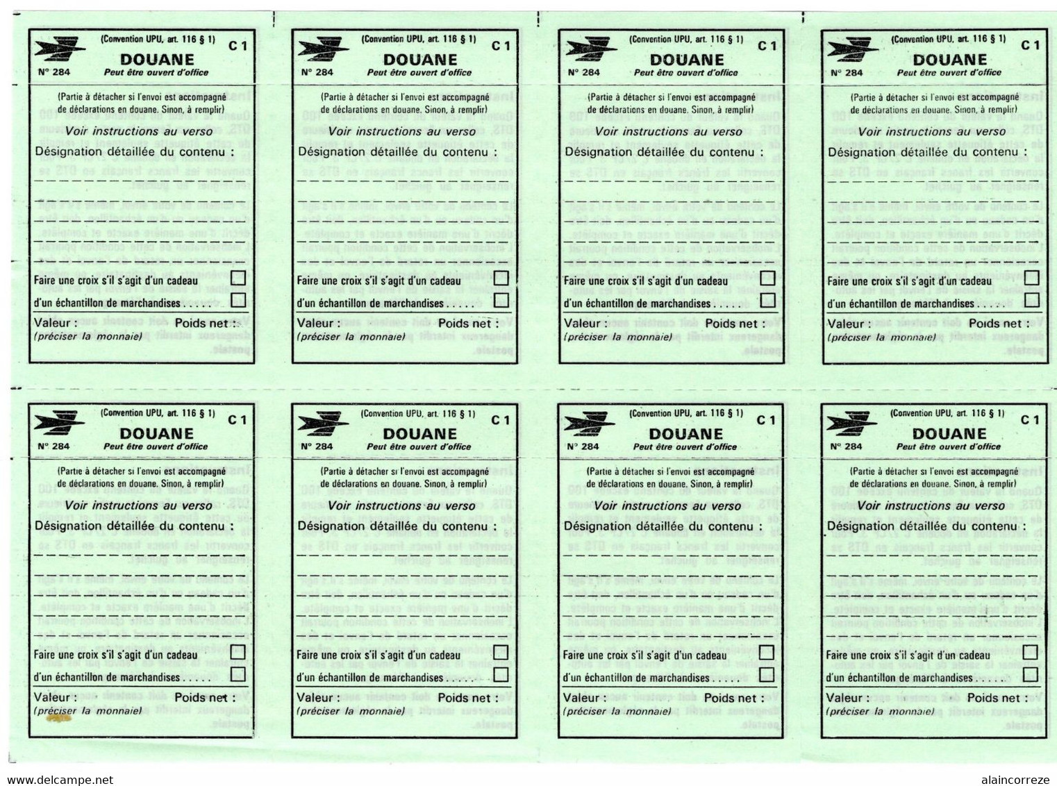 Document Interne La Poste Etiquette De Douane C1 N°284. Planche Complète De 8 étiquettes - Documentos Del Correo