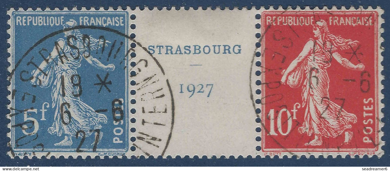 Bande Du Bloc Feuillet STRASBOURG 1927 Semeuse N°242A 5fr & 10 Fr Oblitérés Du Cachet De L'exposition TTB CERTIFICAT - Usati